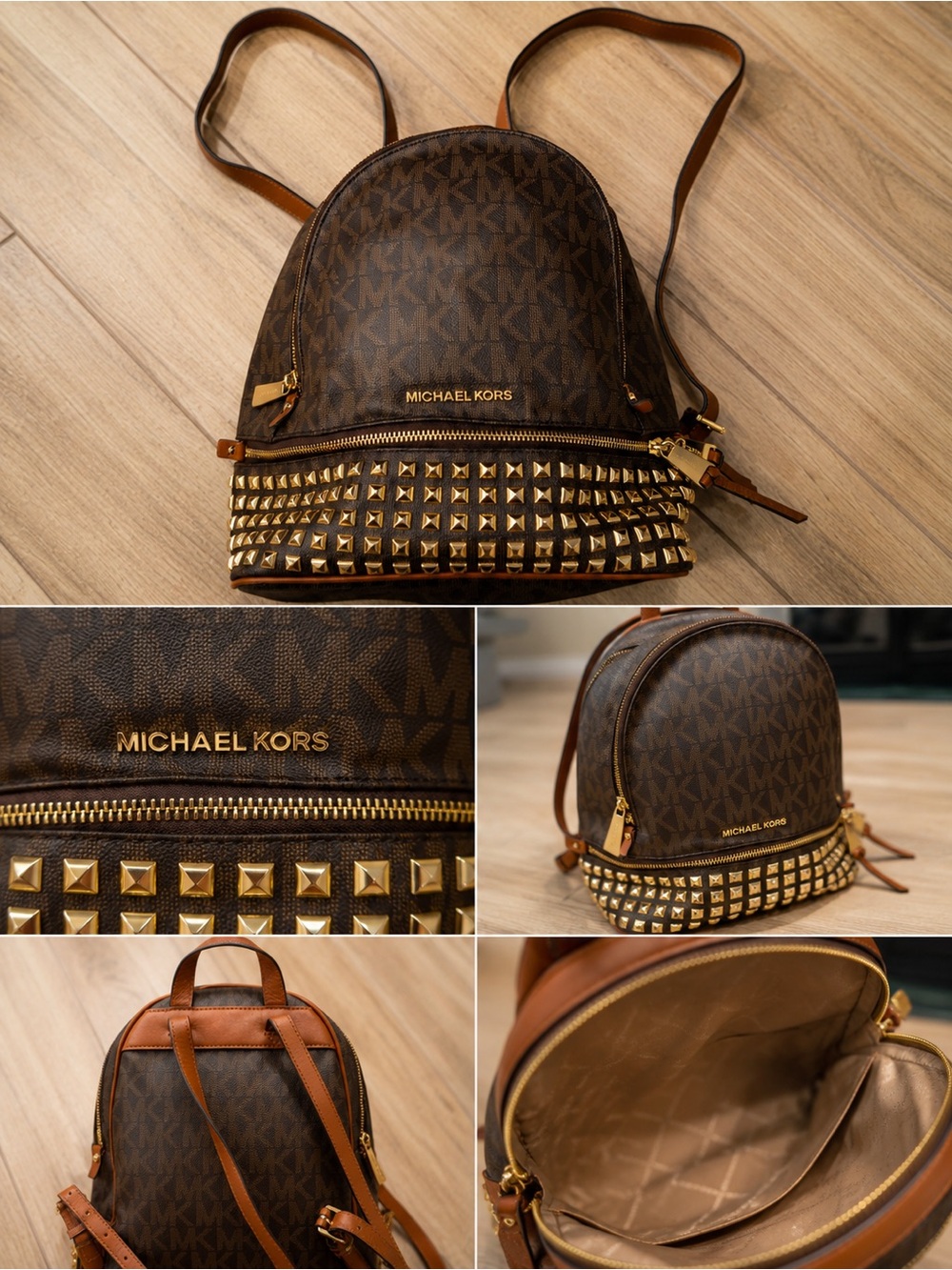 Michael Kors Brown Monogram Mini Backpack with Gold Studs
